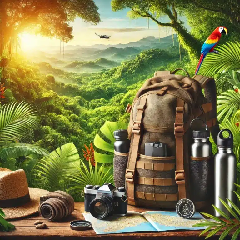 Costa Rica Travel Guides 1 Illustration of a backpack, camera, water bottles and a map on a table above a green rainforest valley