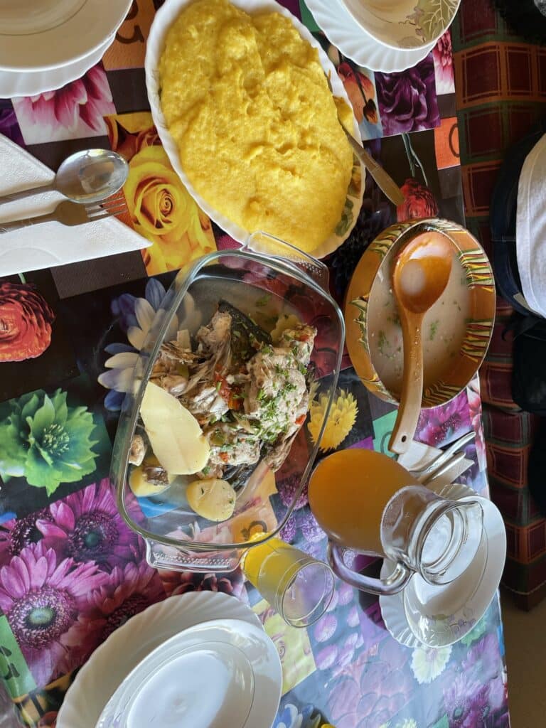Traditional Danube Delta food at a local's house: Fish soup and Polenta